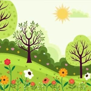 Cartoon Spring Landscape with Beautiful Flowers