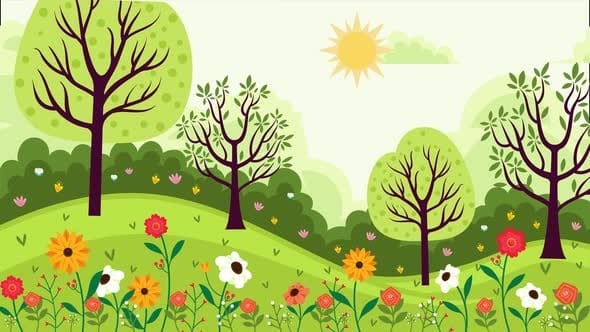 Cartoon Spring Landscape with Beautiful Flowers