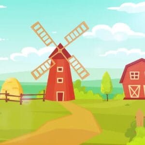 Cartoon Style wind Mill in Farm Animated Landscape