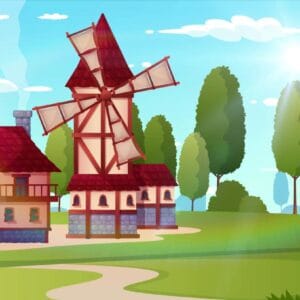 Cartoon Style Windmill Landscape