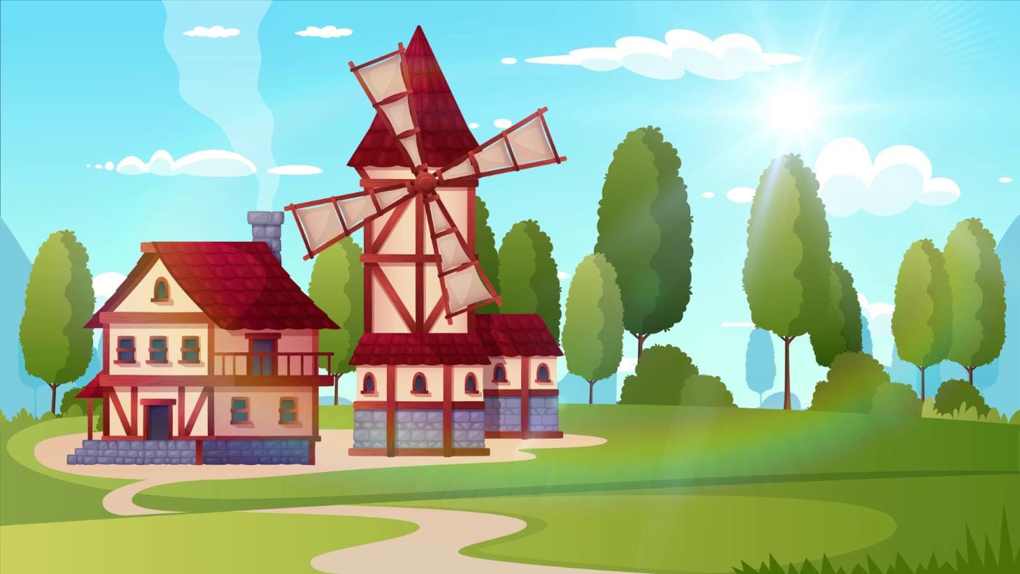 Cartoon Style Windmill Landscape