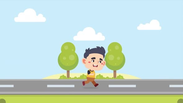 Cute Kids Cartoon Character Running on Road – 4K Looped Landscape